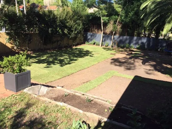 A backyard with lawn areas, garden beds, and soil paths during landscaping, surrounded by trees and fencing.