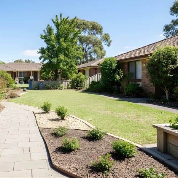 Completed residential landscaping project with structured garden design
