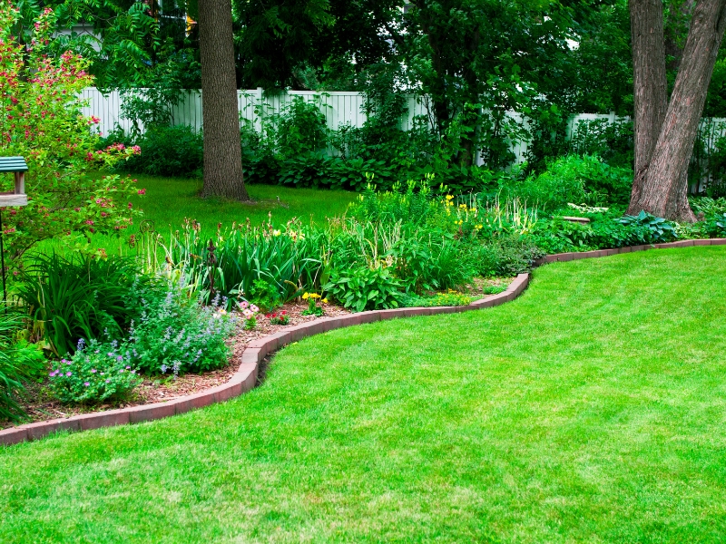 Backyard featuring a manicured lawn, lush garden bed, and trees, illustrating the question: Can you mow wet grass?