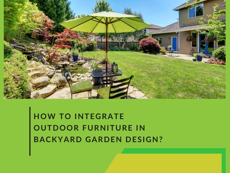 Backyard garden design with green lawn, patio furniture, and umbrella, illustrating integration of outdoor furniture.