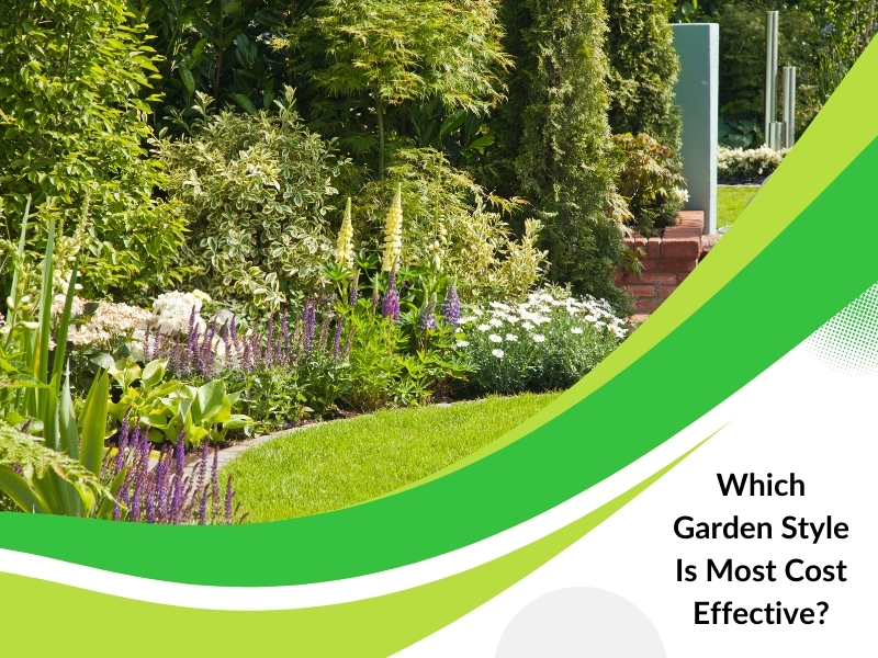 Cost-effective garden style showcasing vibrant flowers, lush greenery, and neatly maintained landscaping.