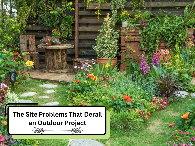A lush garden scene with a question box asking about landscaping challenges. Landscaping challenges include plant selection and maintenance.