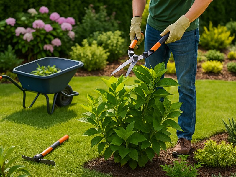 Person trimming bushes as part of all garden maintenance for a healthy, green yard.