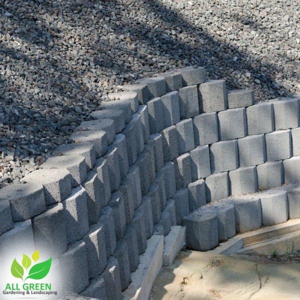 The image presents concrete retaining walls