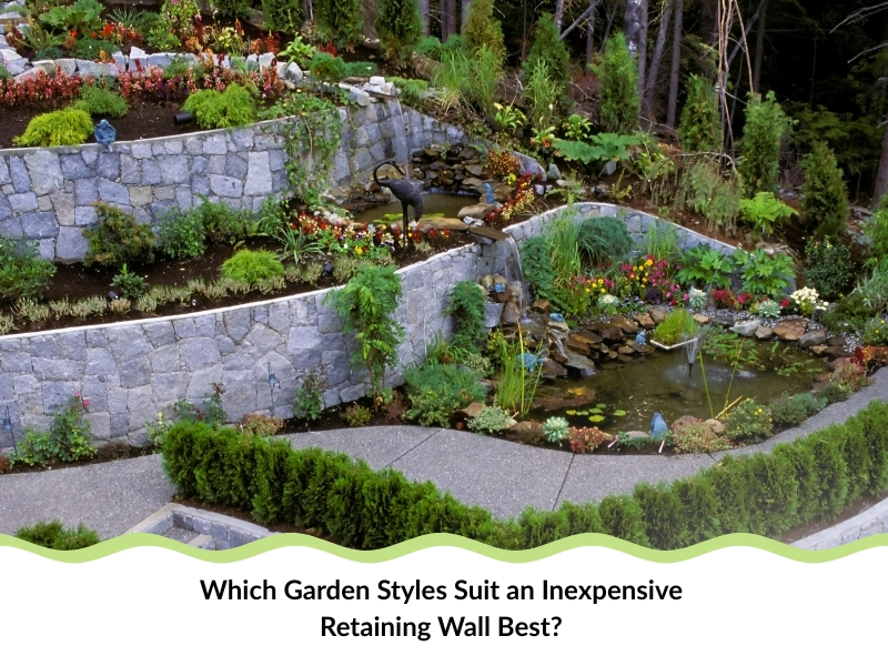 Multi-level garden with stone retaining walls, ponds, and flowers, illustrating design ideas for an inexpensive retaining wall.