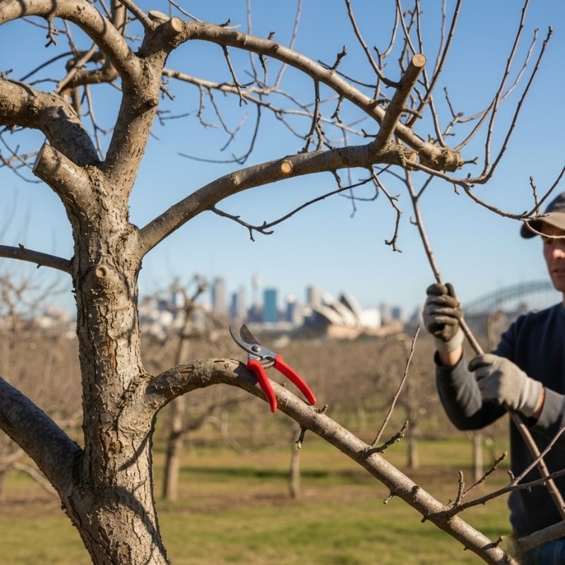 Apple tree pruning in a Sydney garden during winter