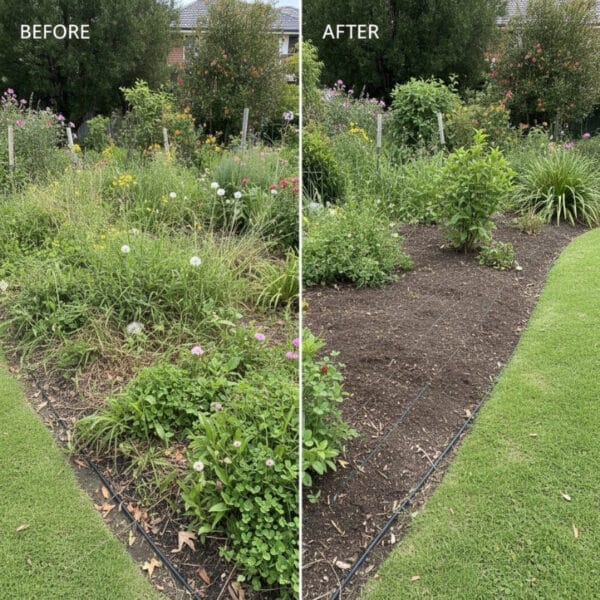 Before and after image of a residential garden bed showing overgrown weeds removed and soil cleared using professional weeding services.