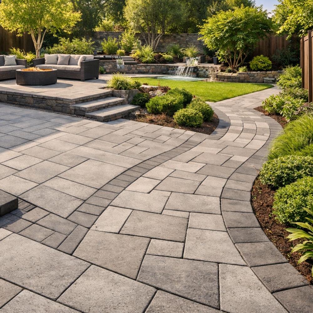 Three outdoor paver samples in a Sydney backyard showing different materials and finishes for heat and wet-weather suitability.