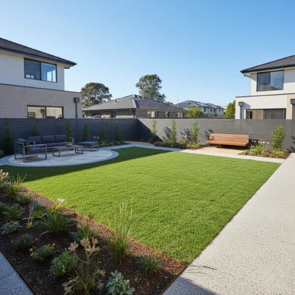 Family-friendly backyard landscaping with lawn area and garden border