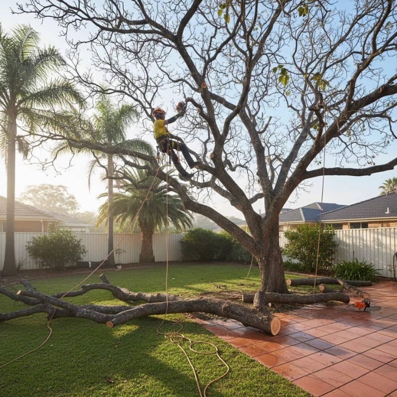 Fig tree pruning in a Sydney backyard during winter