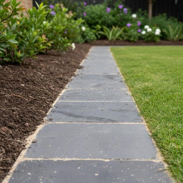 Close-up of a neat garden pathway bordered by freshly weeded garden beds and lawn after professional weeding services.