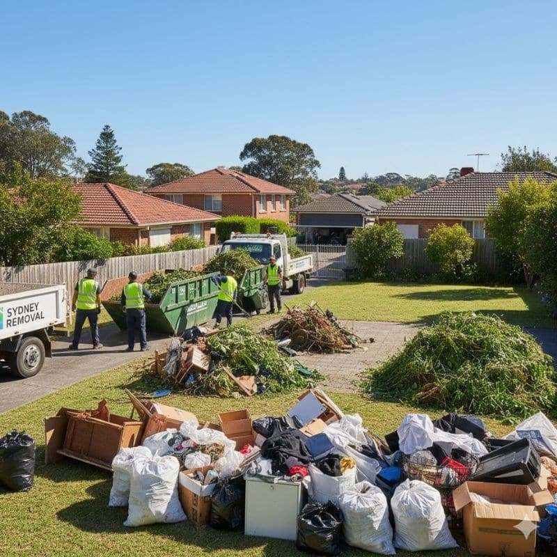 Large piles of household rubbish and green waste removed from a residential yard to prepare the area for paving.