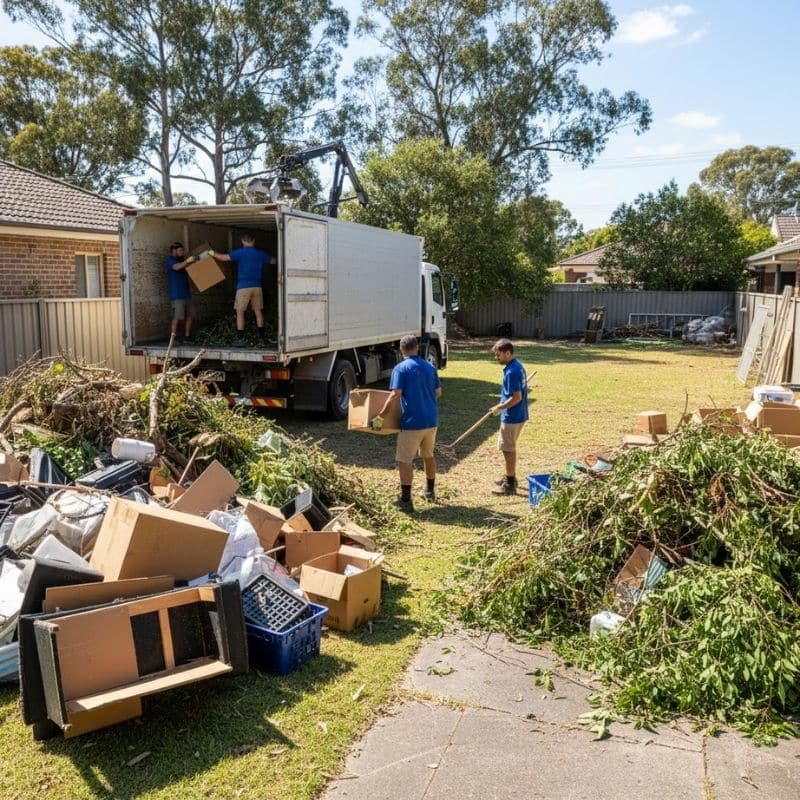 Rubbish and green waste loaded into a truck during site clearing for paving in a residential backyard.