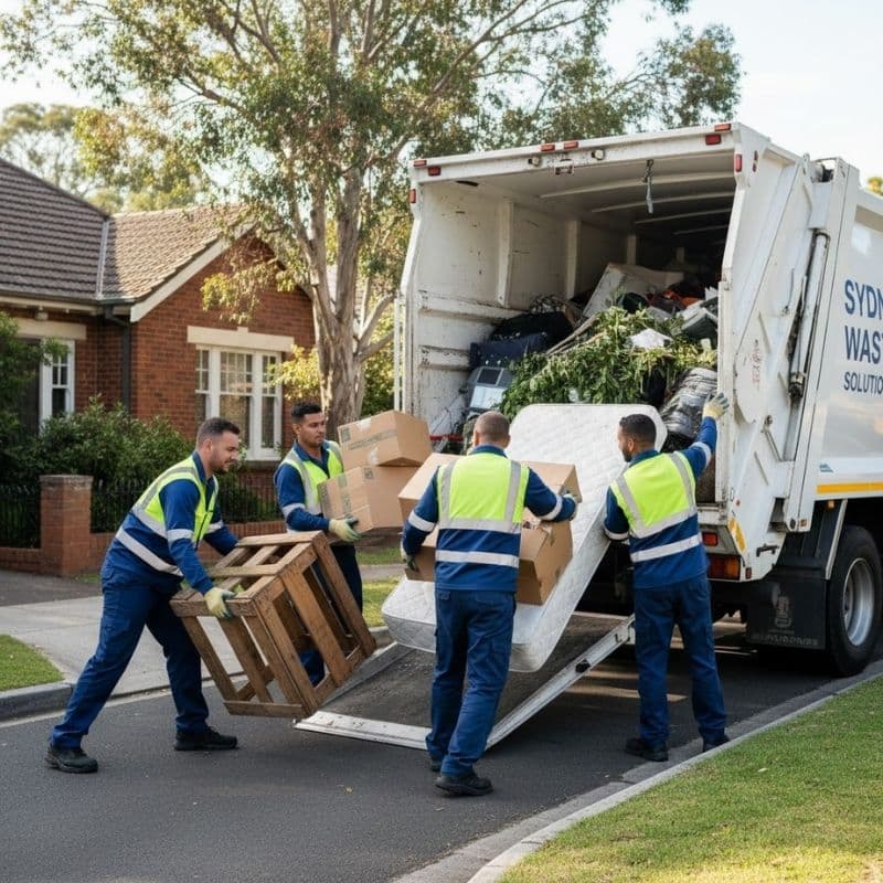 Removal crew loading household rubbish, furniture, and green waste into a truck, clearing a residential site before paving preparation.