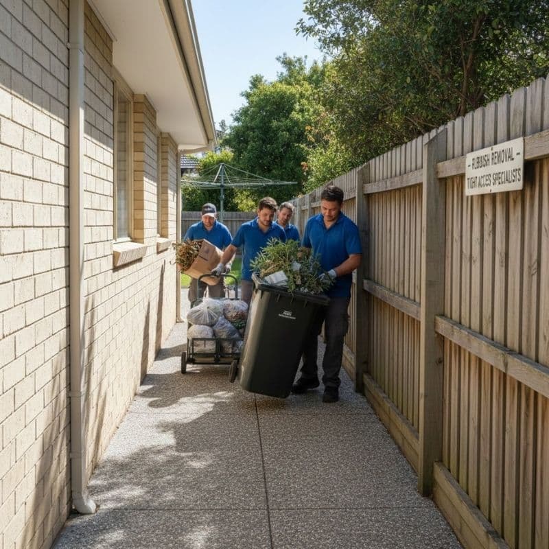 Workers removing green waste and rubbish along a side path to prepare the area for paving at a residential property.