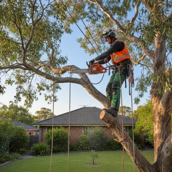 Qualified arborist safely performing tree lopping on a large residential tree in Sydney