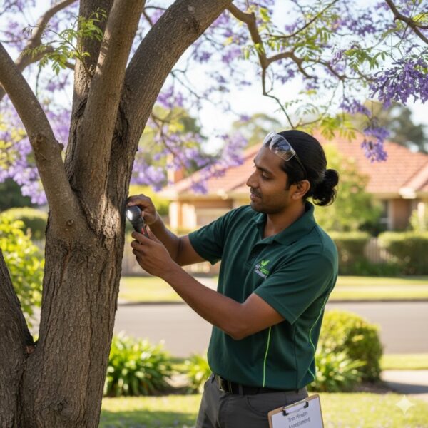 Certified tree surgeon inspecting tree structure before maintenance work