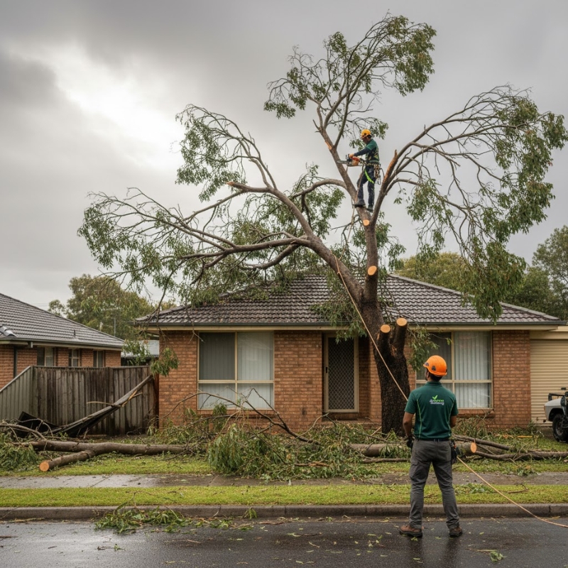 Storm-damaged tree being carefully dismantled during emergency tree removal