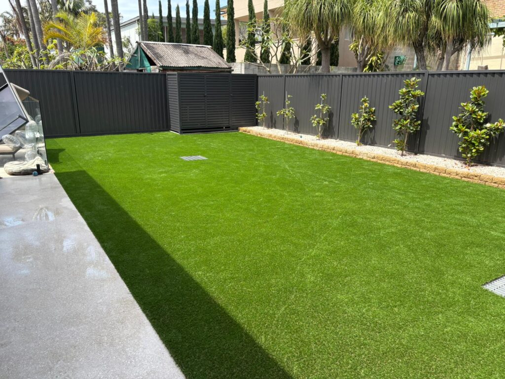 A flat backyard lawn with fresh green turf, garden edging, plants, fencing, and shed completed during landscaping.