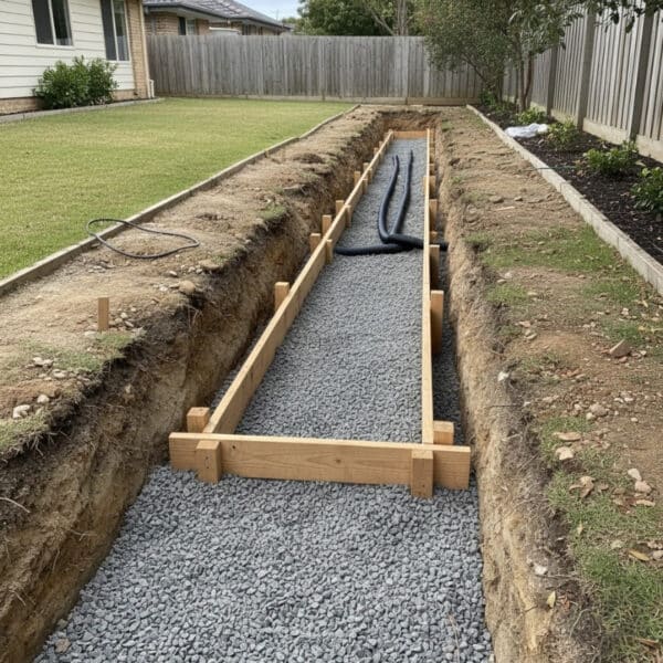 Retaining wall base preparation and drainage setup