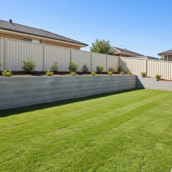 Neatly maintained backyard lawn and raised garden bed with shrubs along a retaining wall after professional weeding services.