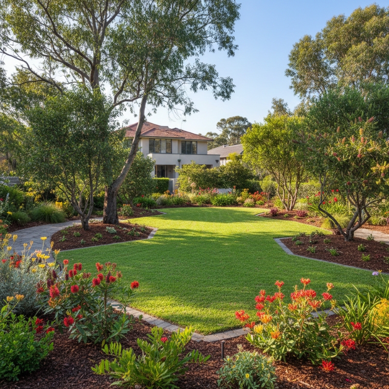 Well-maintained Sydney garden showing healthy lawn, correct mulching and climate-appropriate plants.