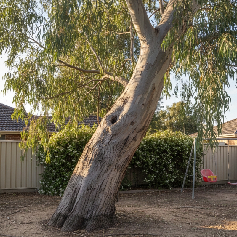 Leaning gum tree in a Sydney backyard showing visible trunk cracks and soil movement