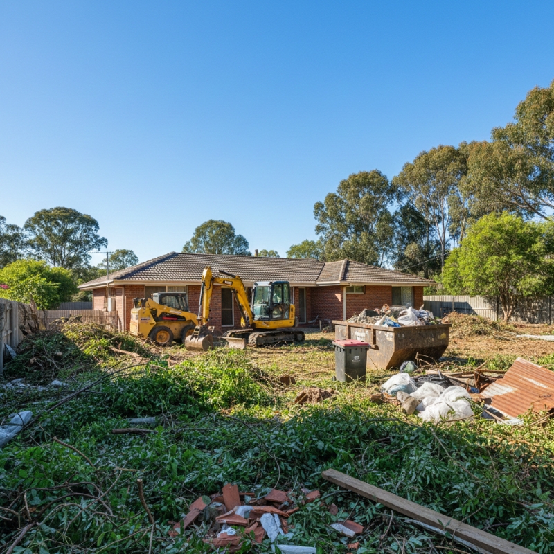 Overgrown residential land in Sydney being partially cleared with visible vegetation debris and machinery