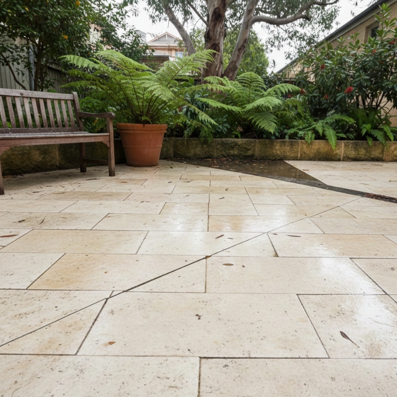 Outdoor pavers in a Sydney courtyard with a minor crack and slight unevenness indicating movement.