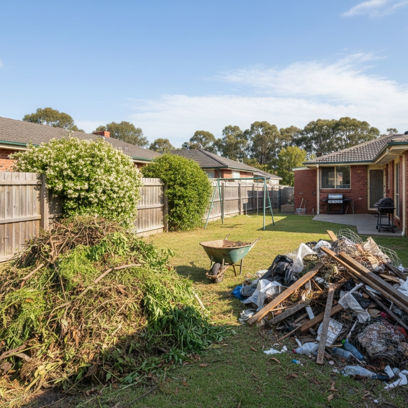 Separated green waste and general rubbish piles on a Sydney residential property.