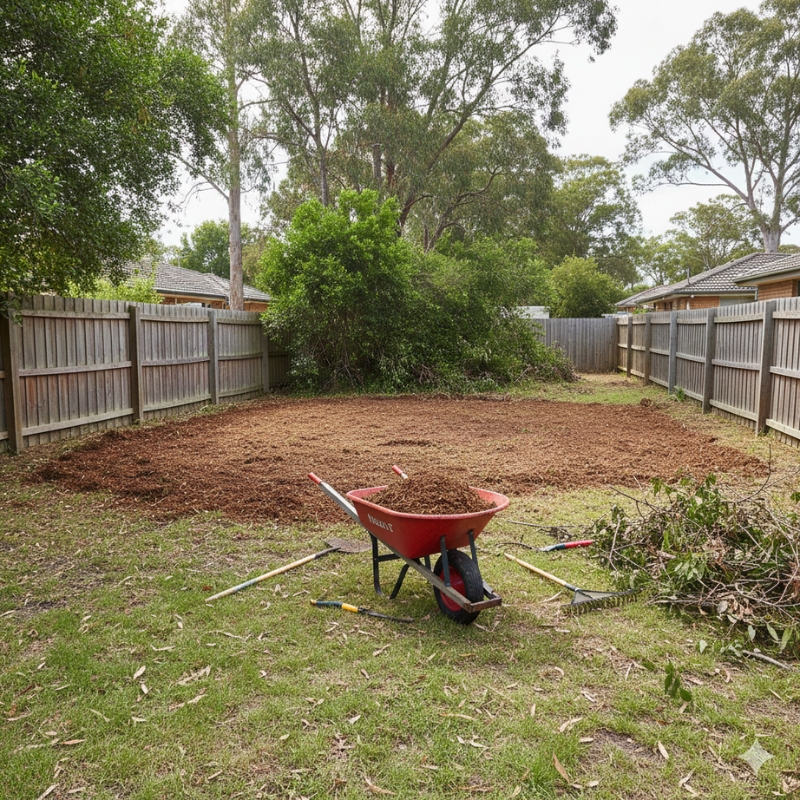 Small residential backyard in Sydney with partial land clearing and mulch applied to protect exposed soil