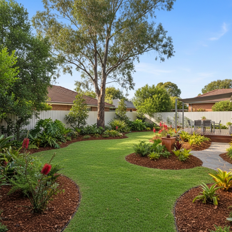 Weed-free Sydney garden showing healthy lawn and maintained garden beds