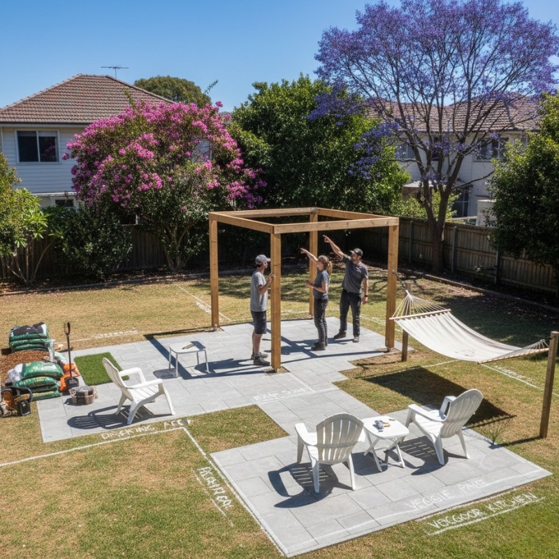 Sydney backyard makeover planning with chalk-marked zones and furniture placed to test layout and circulation.