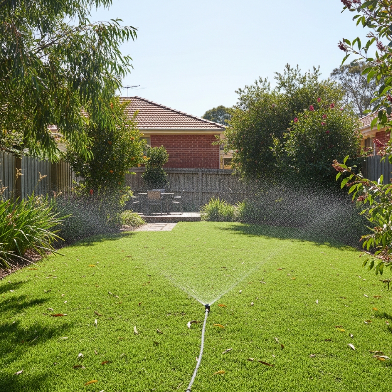 New turf in a Sydney backyard being watered to prevent drying in heat and wind