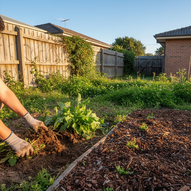 DIY weeding in a Sydney garden showing weed regrowth