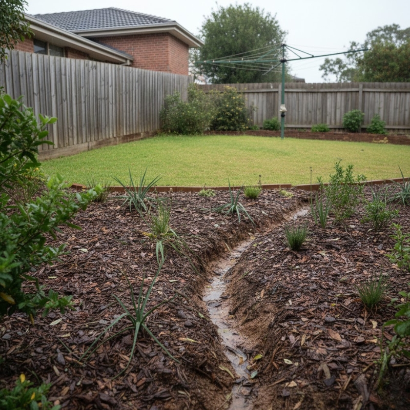 Early signs of an unstable garden slope in a Sydney backyard, including soil cracks, erosion channels, and a leaning fence.