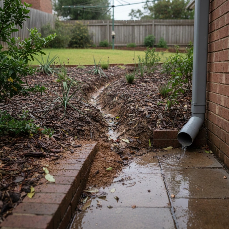Early signs of soil erosion in a Sydney backyard after heavy rain, with rill channels and displaced mulch.