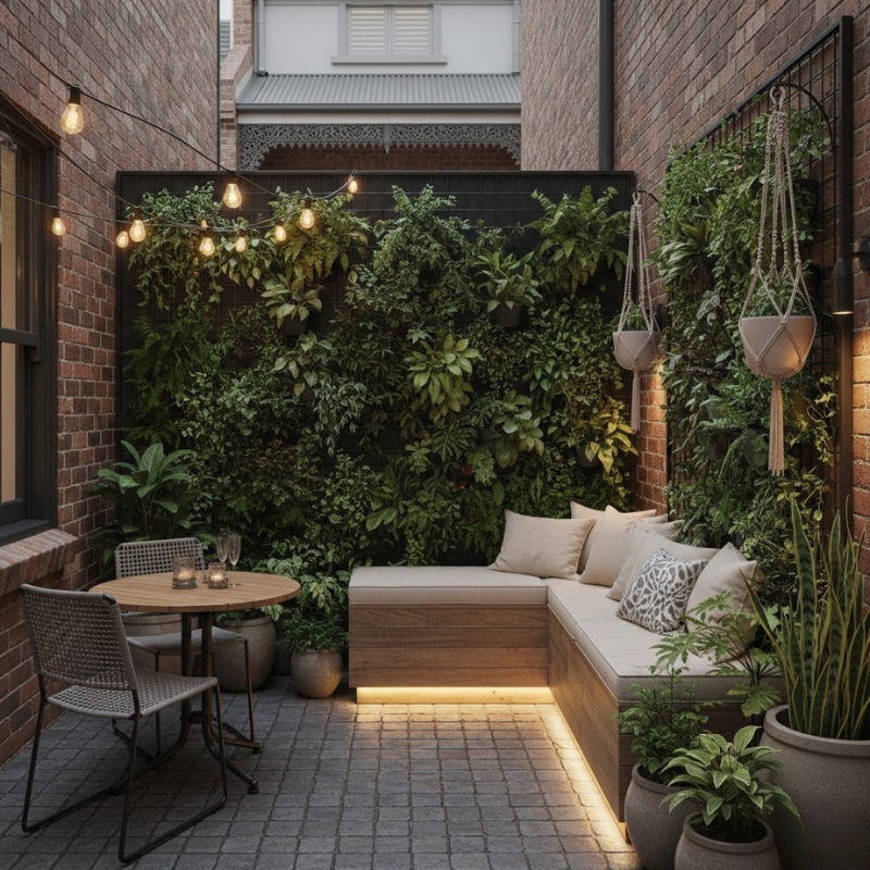 Small Sydney terrace courtyard showing a practical two-zone layout with seating, vertical privacy planting, and lighting.