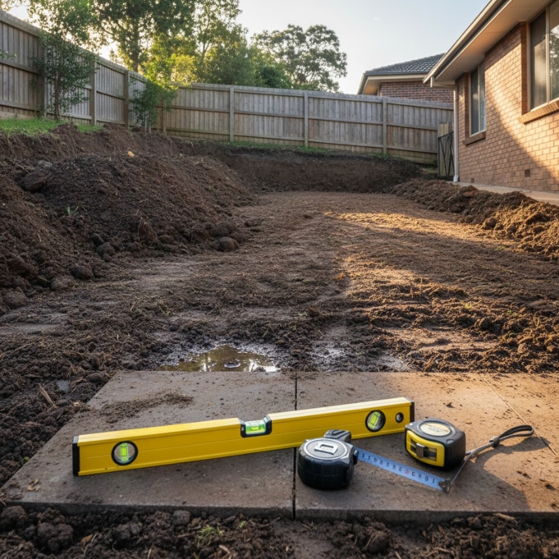 Sydney backyard with sloped block showing cut and fill areas prepared for a garden level change and drainage planning.