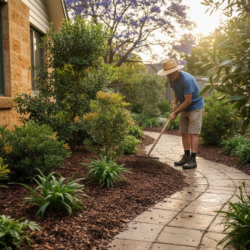 Sydney garden bed with refreshed mulch after summer rain, showing strong edges and mulch kept away from plant stems.
