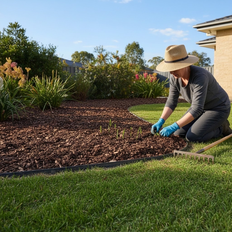 Sydney garden bed showing edge weeds being removed and mulch being topped up to prevent weeds returning.