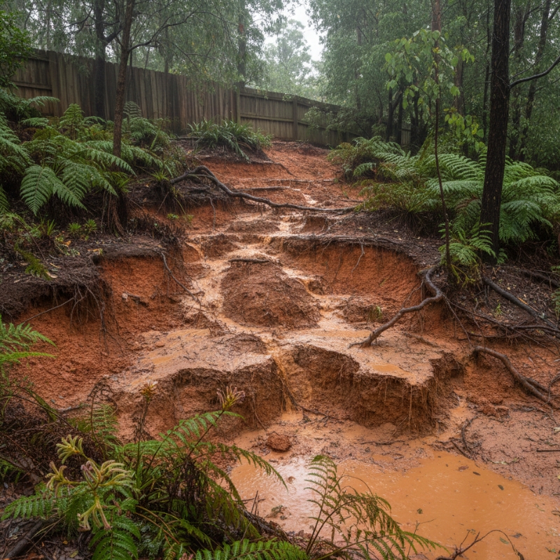 Sloped Sydney garden with soil erosion and ground collapse after heavy rain