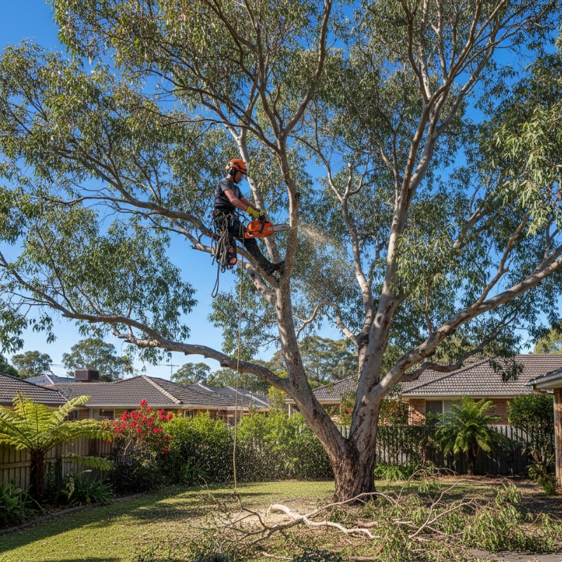 Arborist pruning a gum tree in a Sydney backyard during winter.