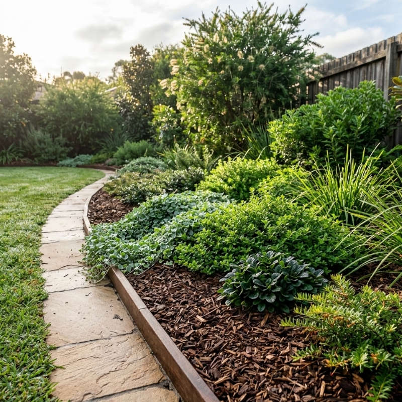 Mulched Sydney garden bed with crisp edging and dense groundcover to help prevent weeds returning