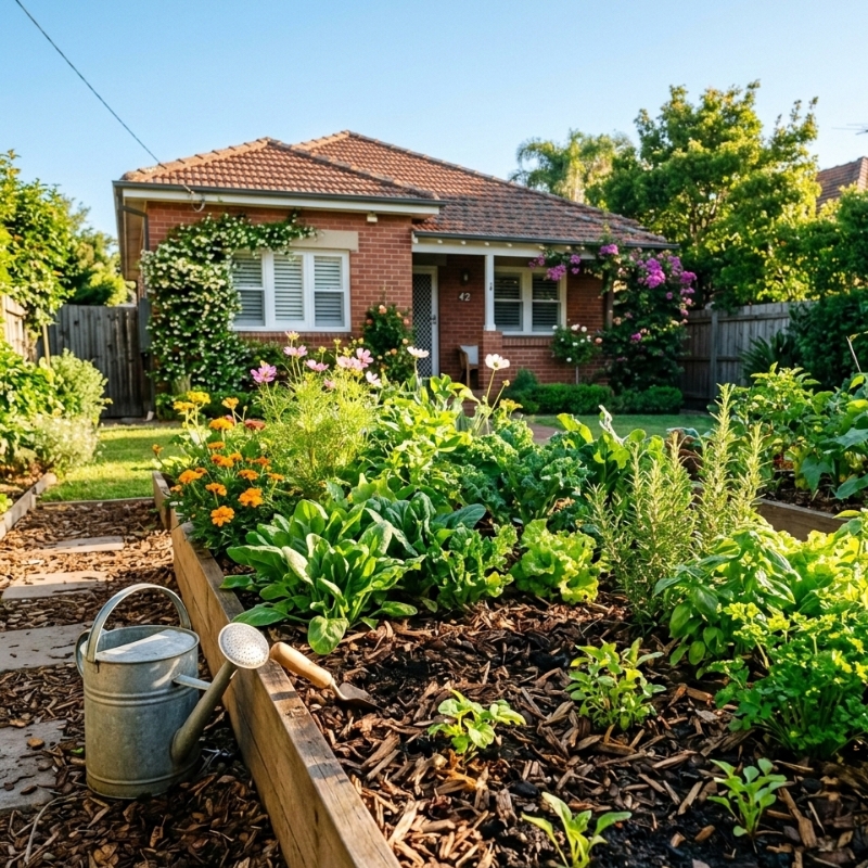Sydney garden bed in summer with mulch covering soil to retain moisture.