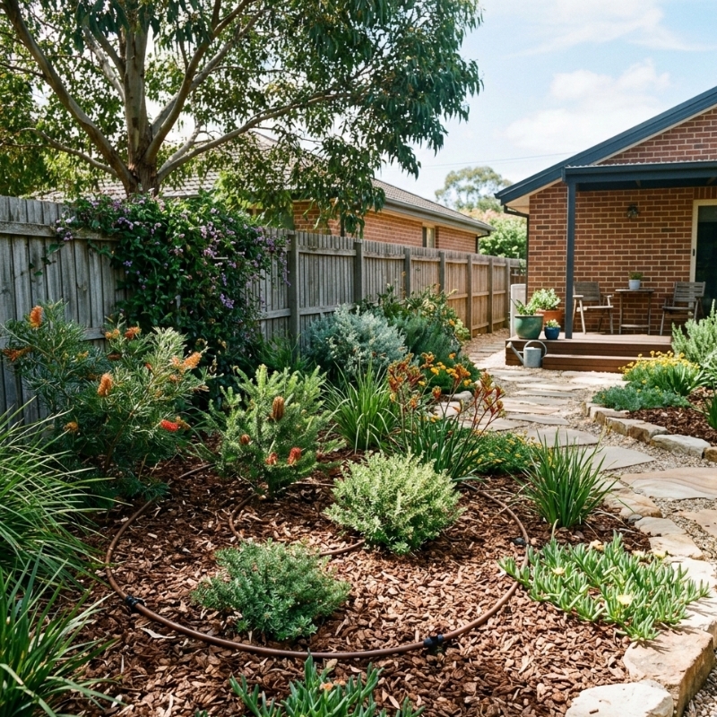 Low-water Sydney garden with mulched beds and drip irrigation supporting drought-tolerant plants.