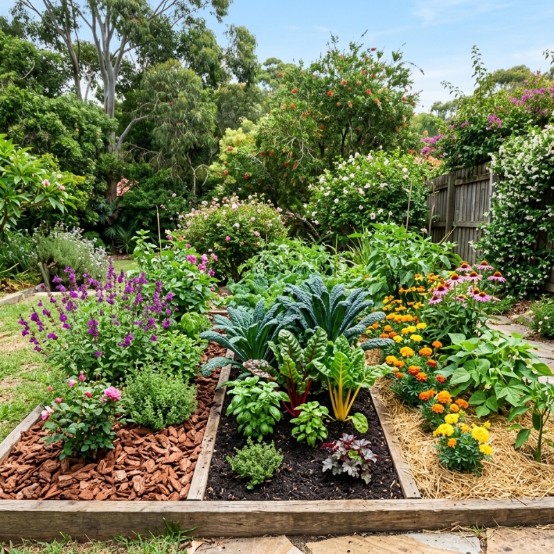 Sydney garden bed comparison showing bark, compost and straw top layers in side-by-side sections.