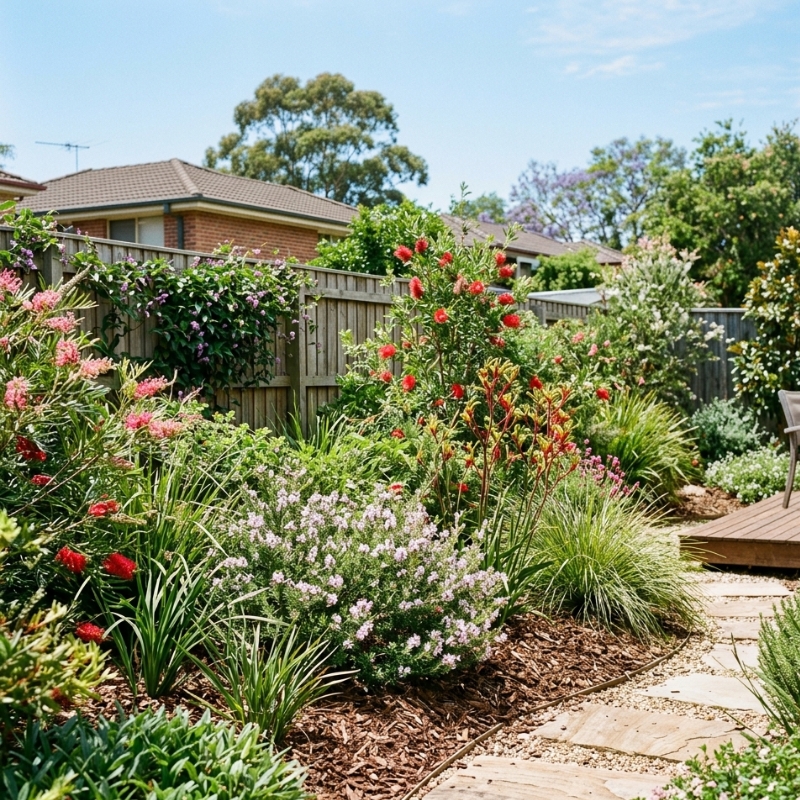 Heat and coastal-tolerant plants thriving in a mulched Sydney garden bed.