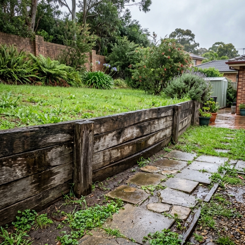 Bulging retaining wall with damp staining and uneven pavers in a Sydney backyard after heavy rain