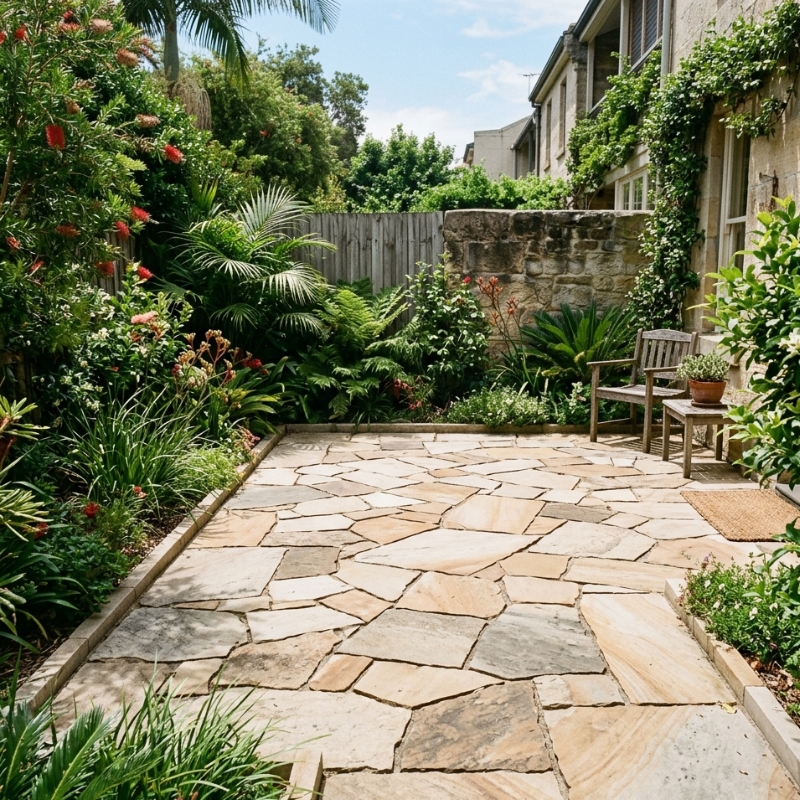 Dry-laid crazy paving layout in a Sydney backyard showing balanced stone sizes, consistent joint spacing and natural pattern flow.
